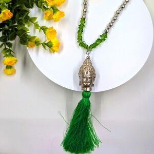 Green Chrome Tourmaline Chip Long Buddha Pendant Vintage Necklace with Tassel